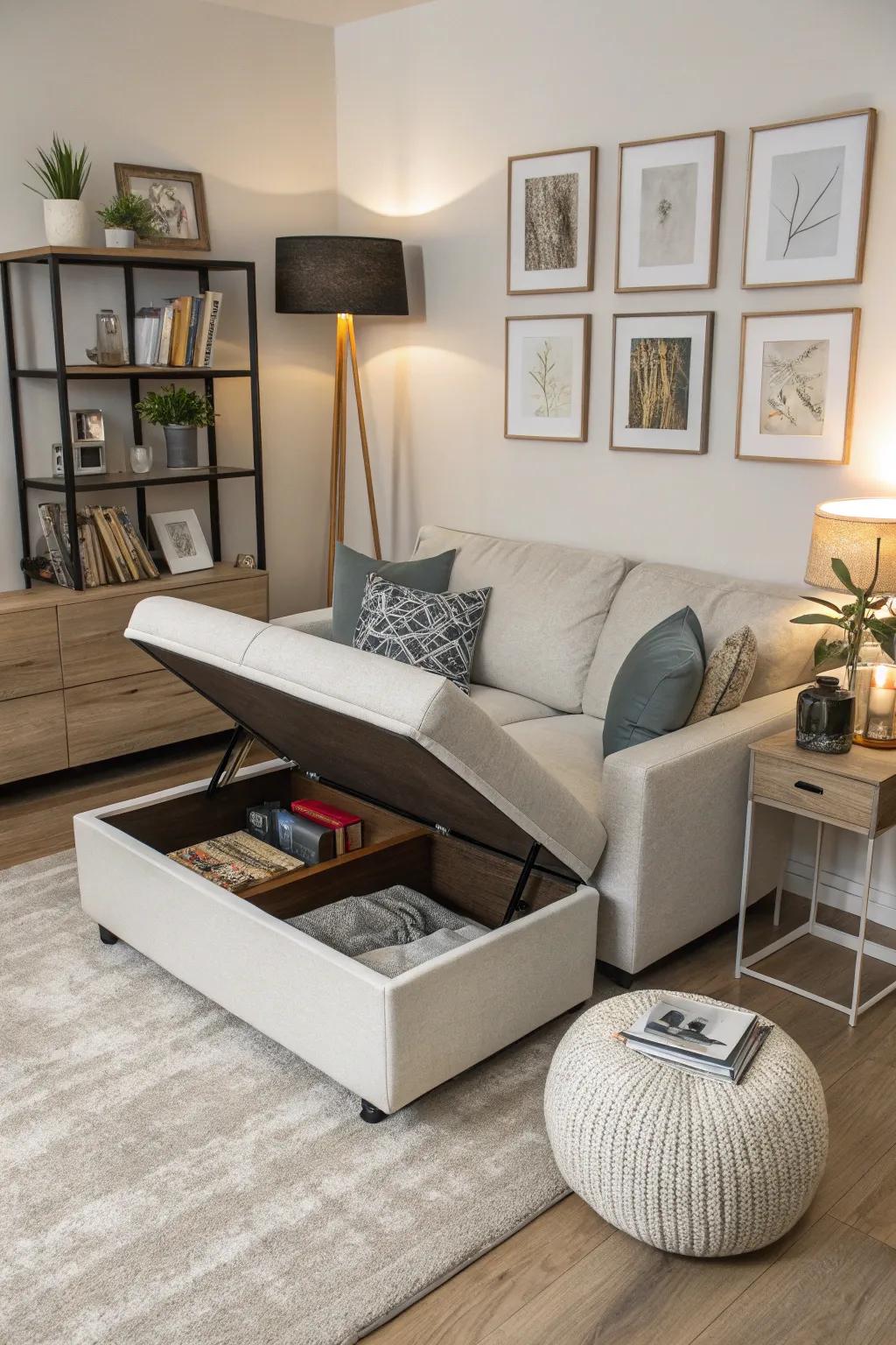 An ottoman sofa featuring concealed storage in a contemporary, compact living room.