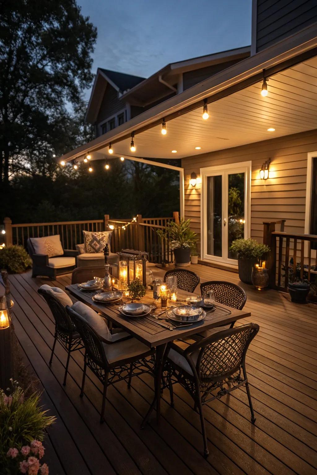 Hidden illumination establishes a comfortable, ambient atmosphere for deck get-togethers.