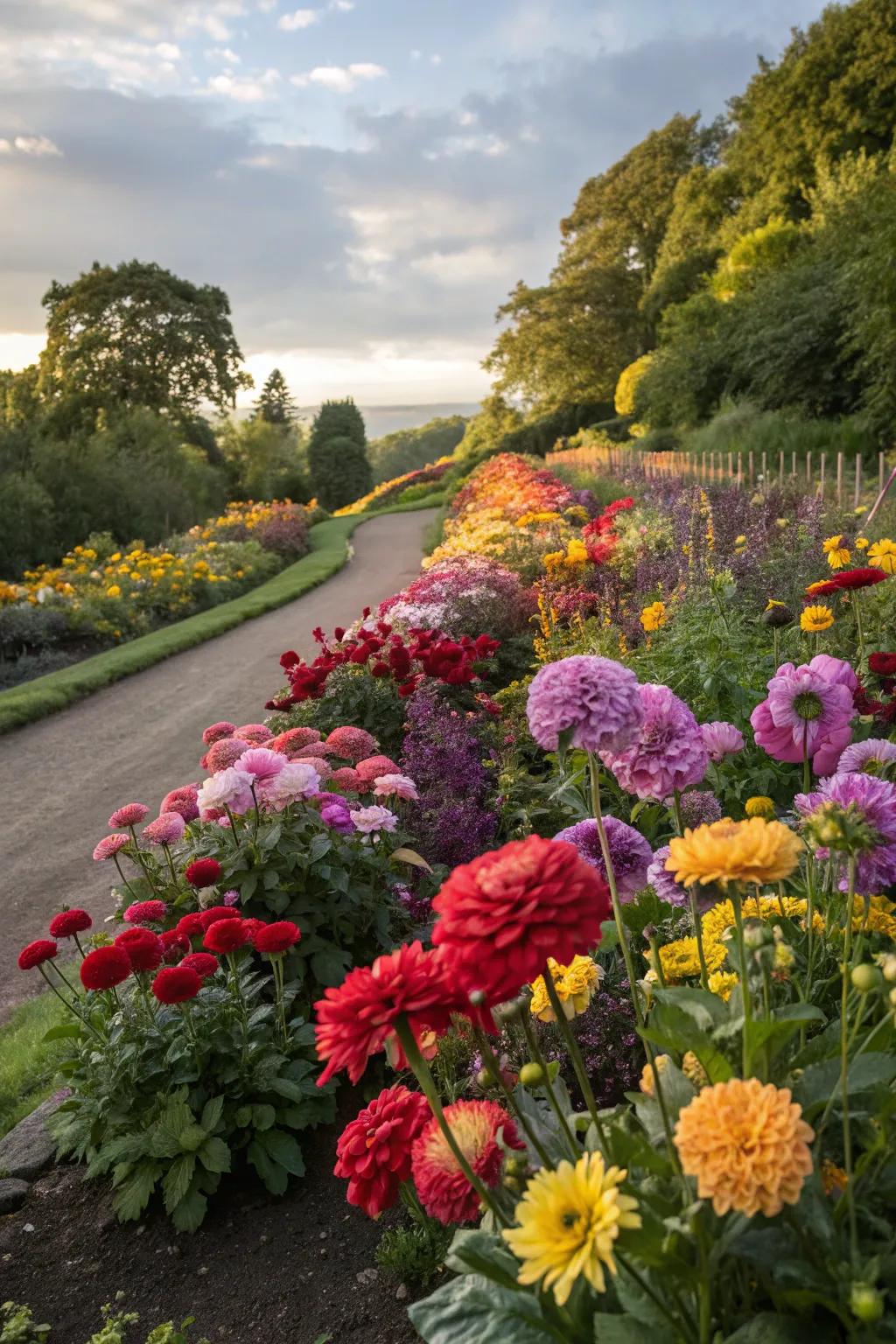 A garden overflowing with vividly colored flowers in full bloom.