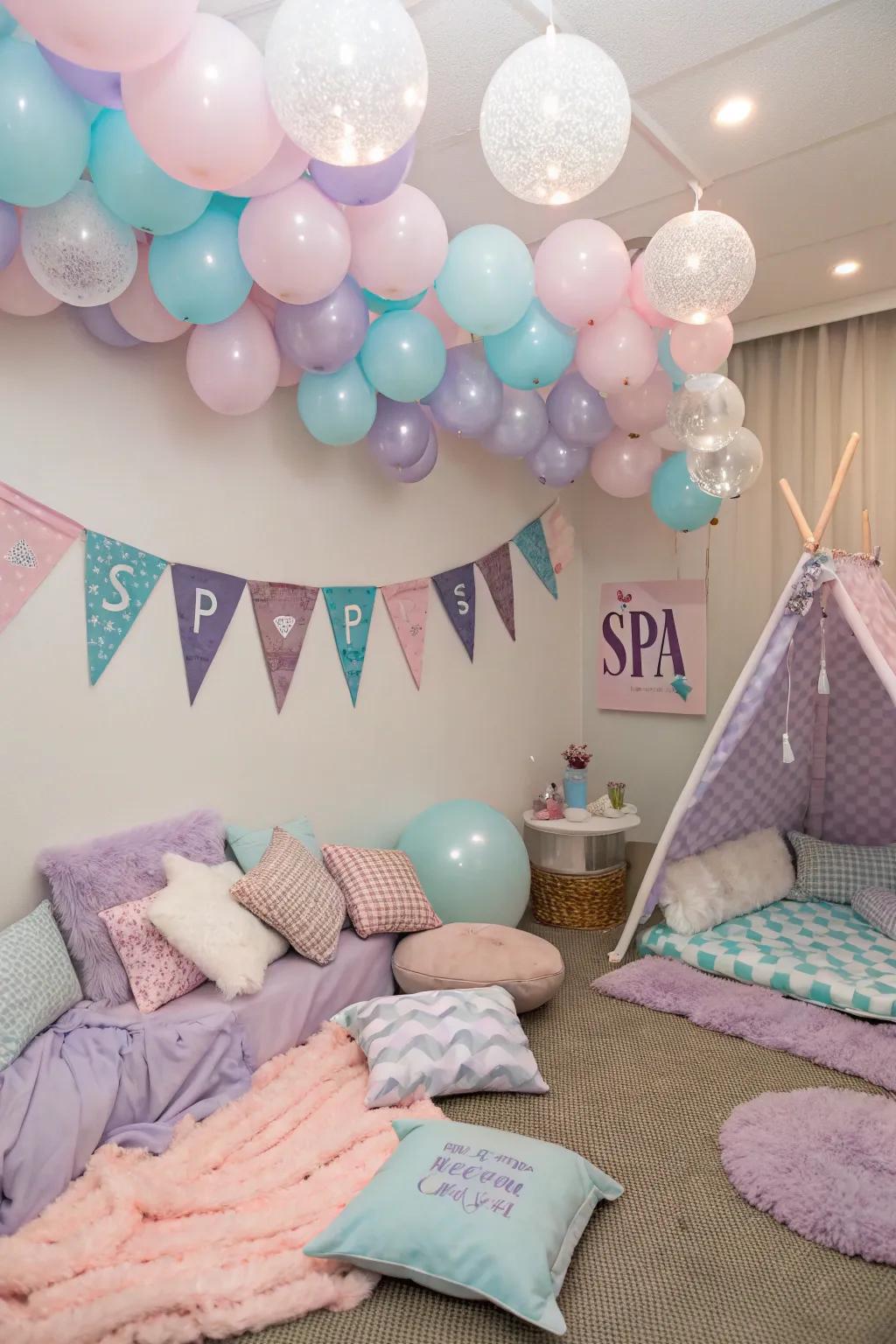Balloons and banners adding a festive flourish to the spa sleepover setting.