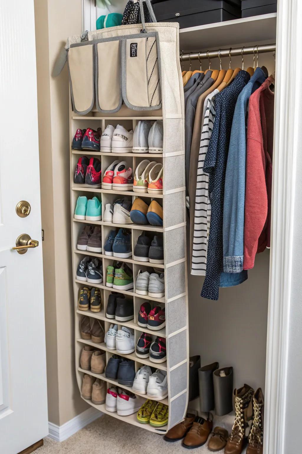 Hanging shoe racks help save floor space, keeping your shoes organized and easy to reach.