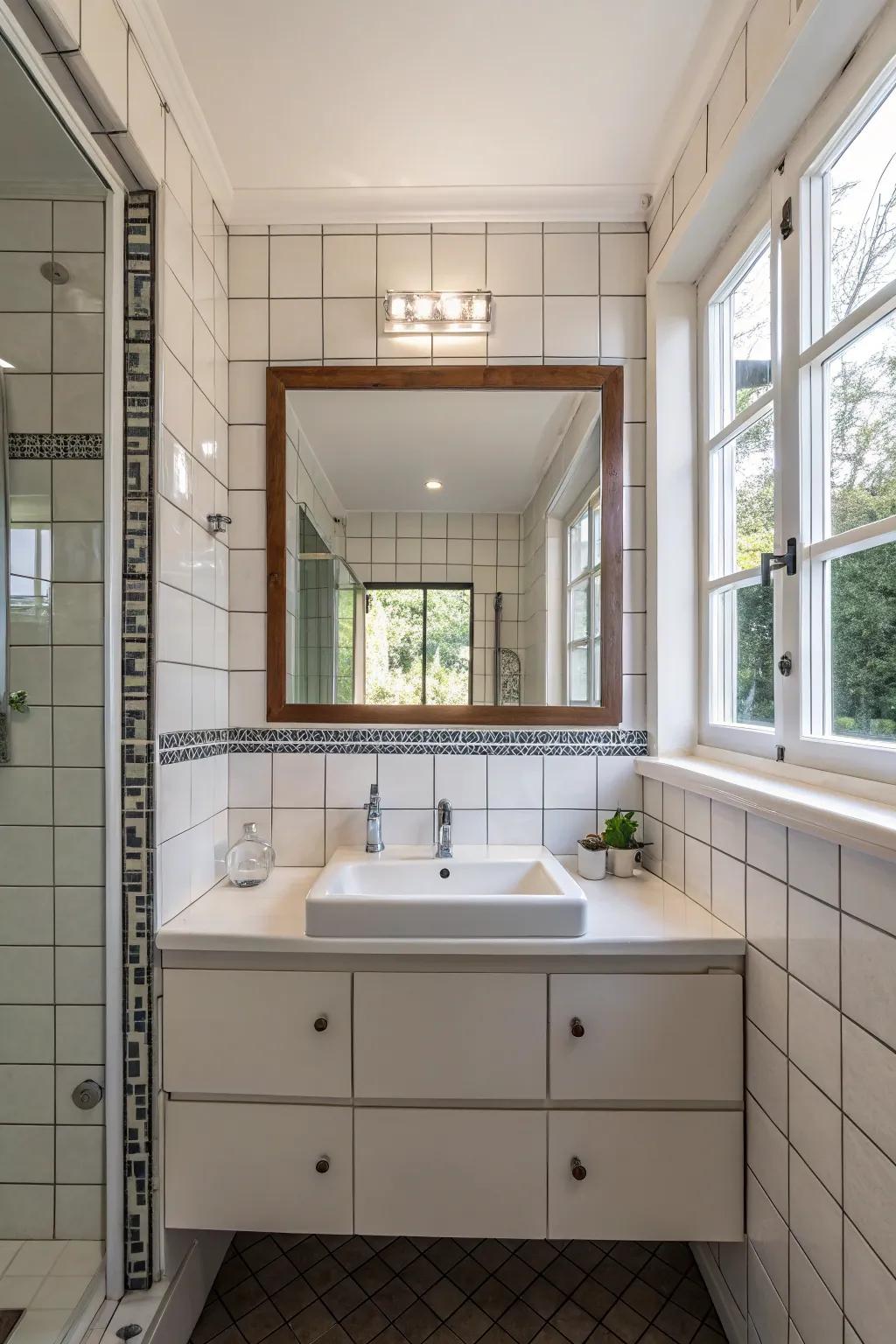 Mirrors enhance the room's appearance by reflecting light and making it feel larger.