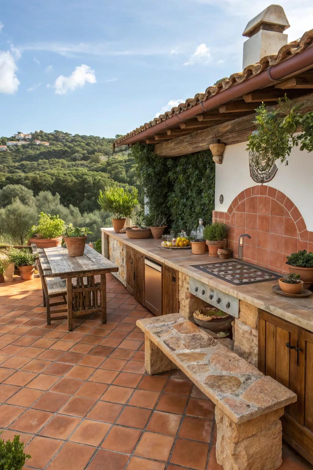 Terracotta tiling enhances the Mediterranean appeal of this outdoor kitchen.