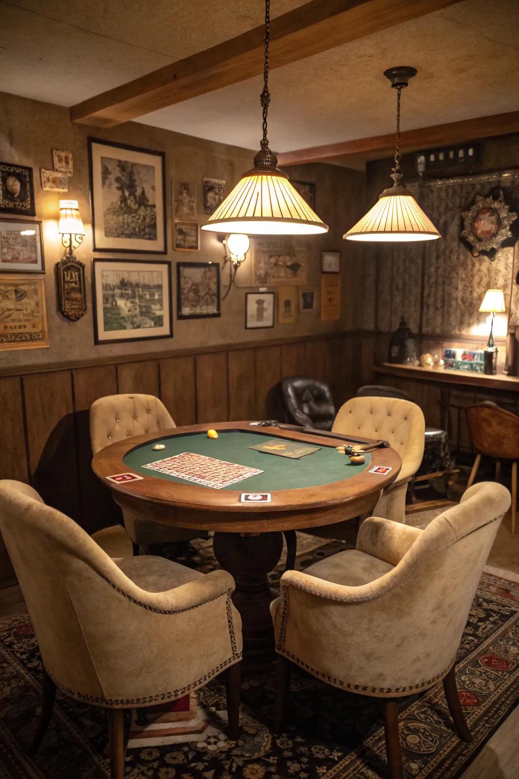 A poker table incorporates fun and interactivity into your speakeasy.