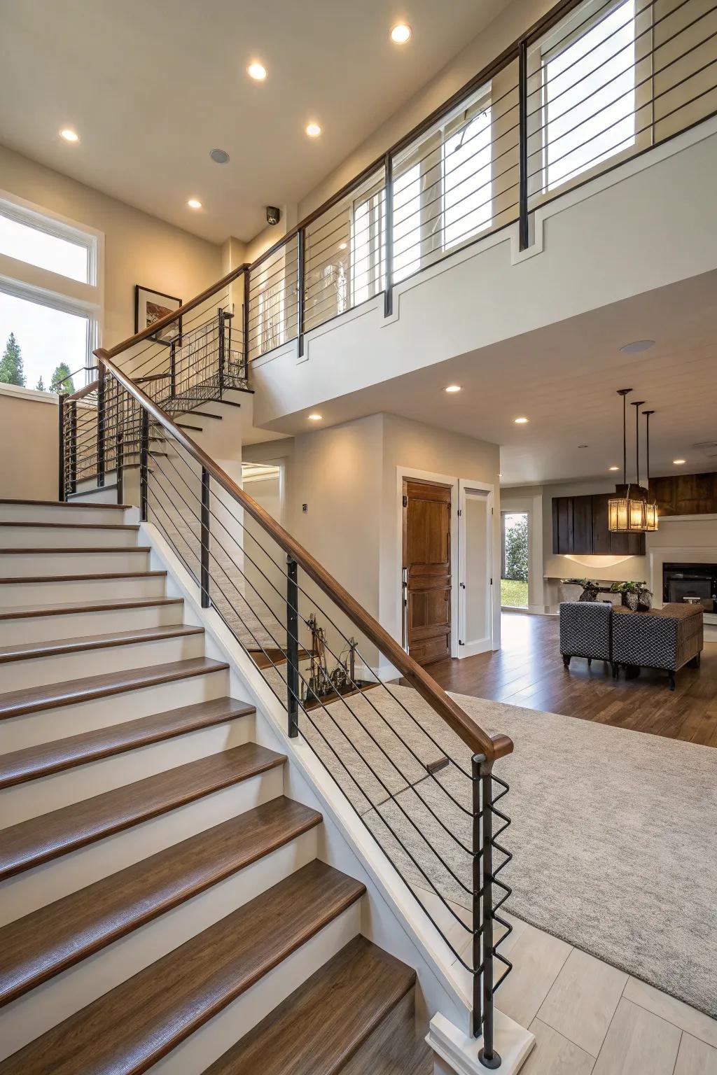 Sophisticated string railings exhibiting visibility within a split-level dwelling.