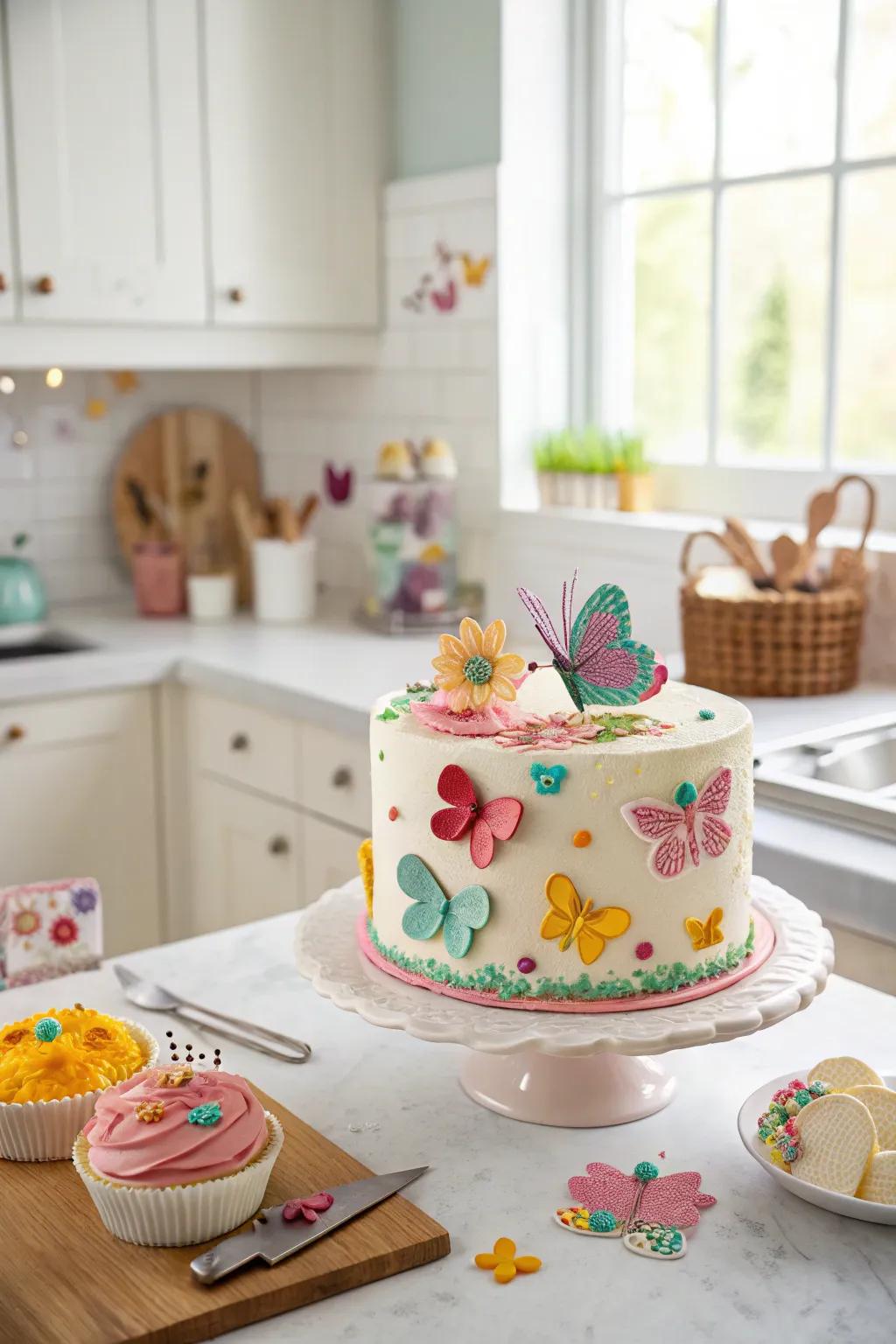 A whimsical cake with playful elements for a spring birthday.