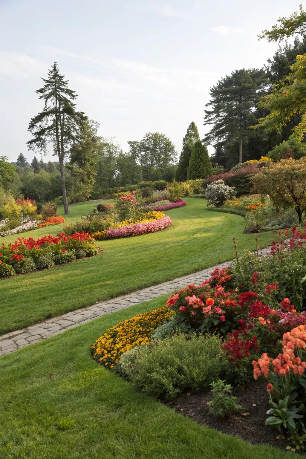 A harmonious natural garden arrangement integrating verdant grass with floral beds.