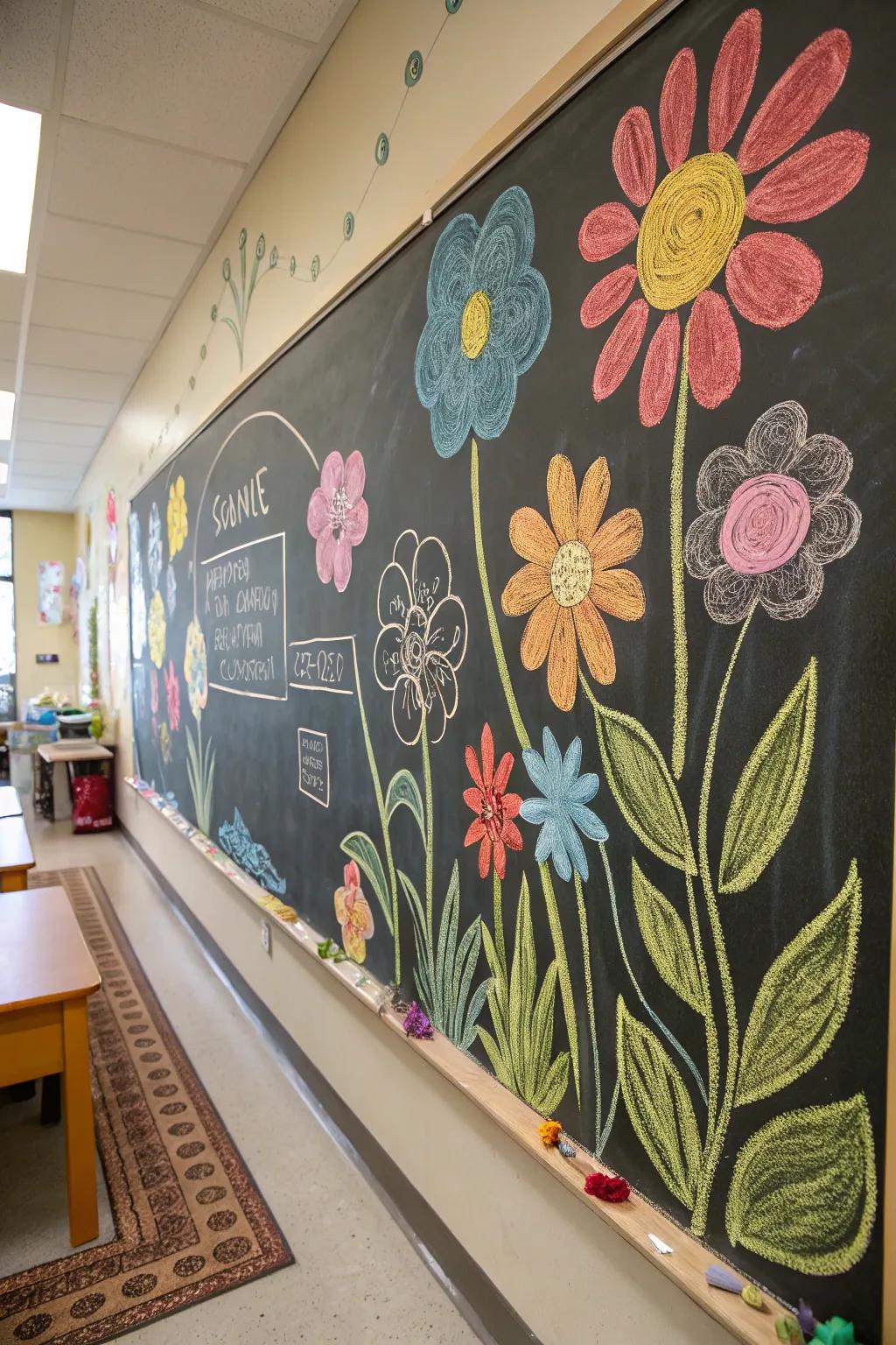 A chalkboard bulletin board adorned with hand-drawn spring blossoms in brilliant colors.