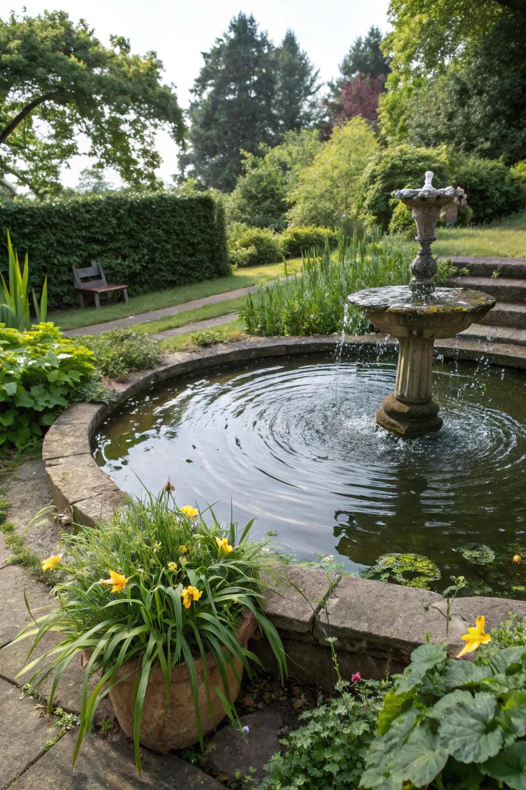 A tranquil garden pond with a fountain adds a serene element to the landscape.
