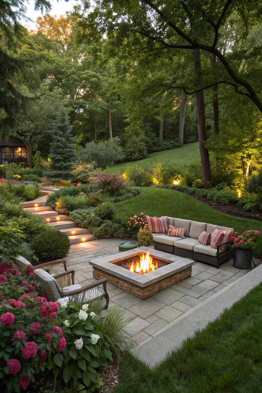 Submerged fire pits craft an intimate gathering area.