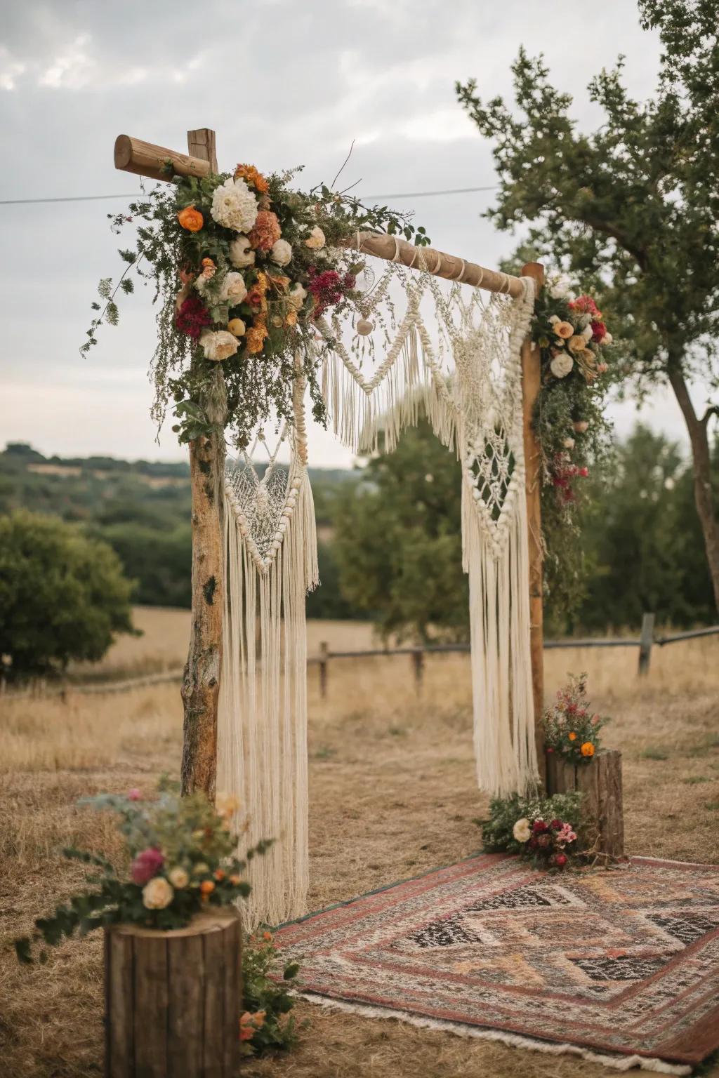 A bohemian square arch showcasing macramé and wildflowers.