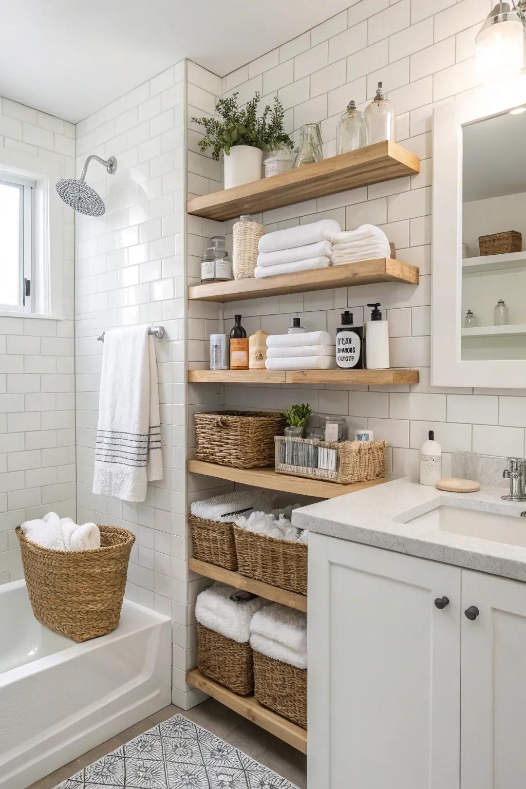 Hanging racks are great for storage, keeping the bathroom organized.