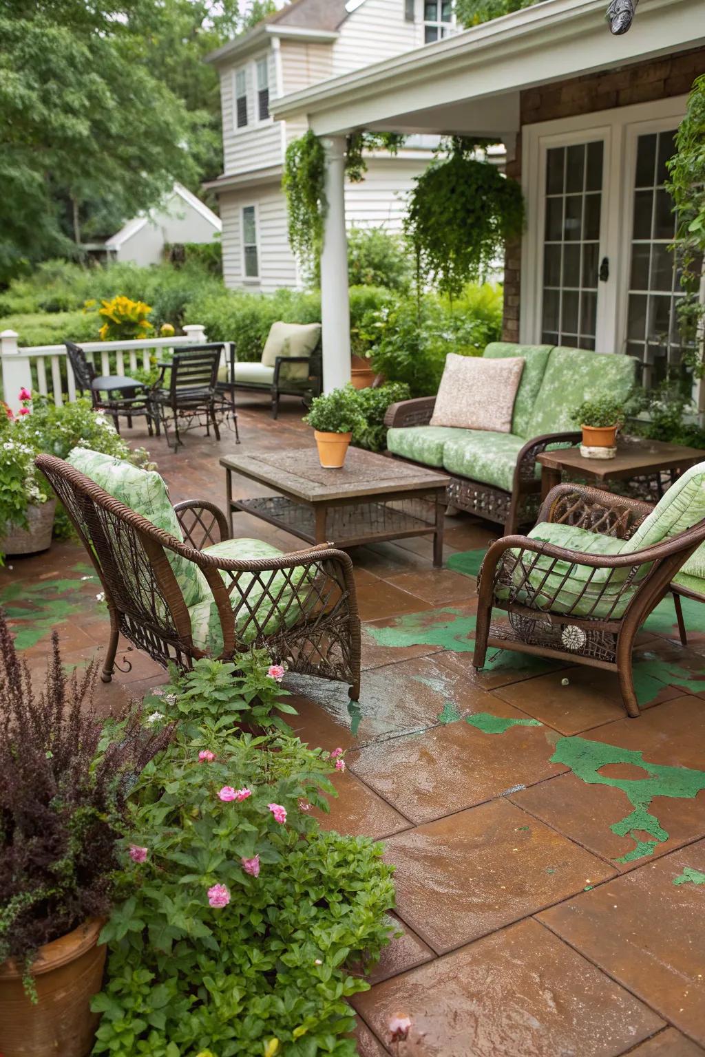 A creatively stained patio with a blend of earthy and green hues.