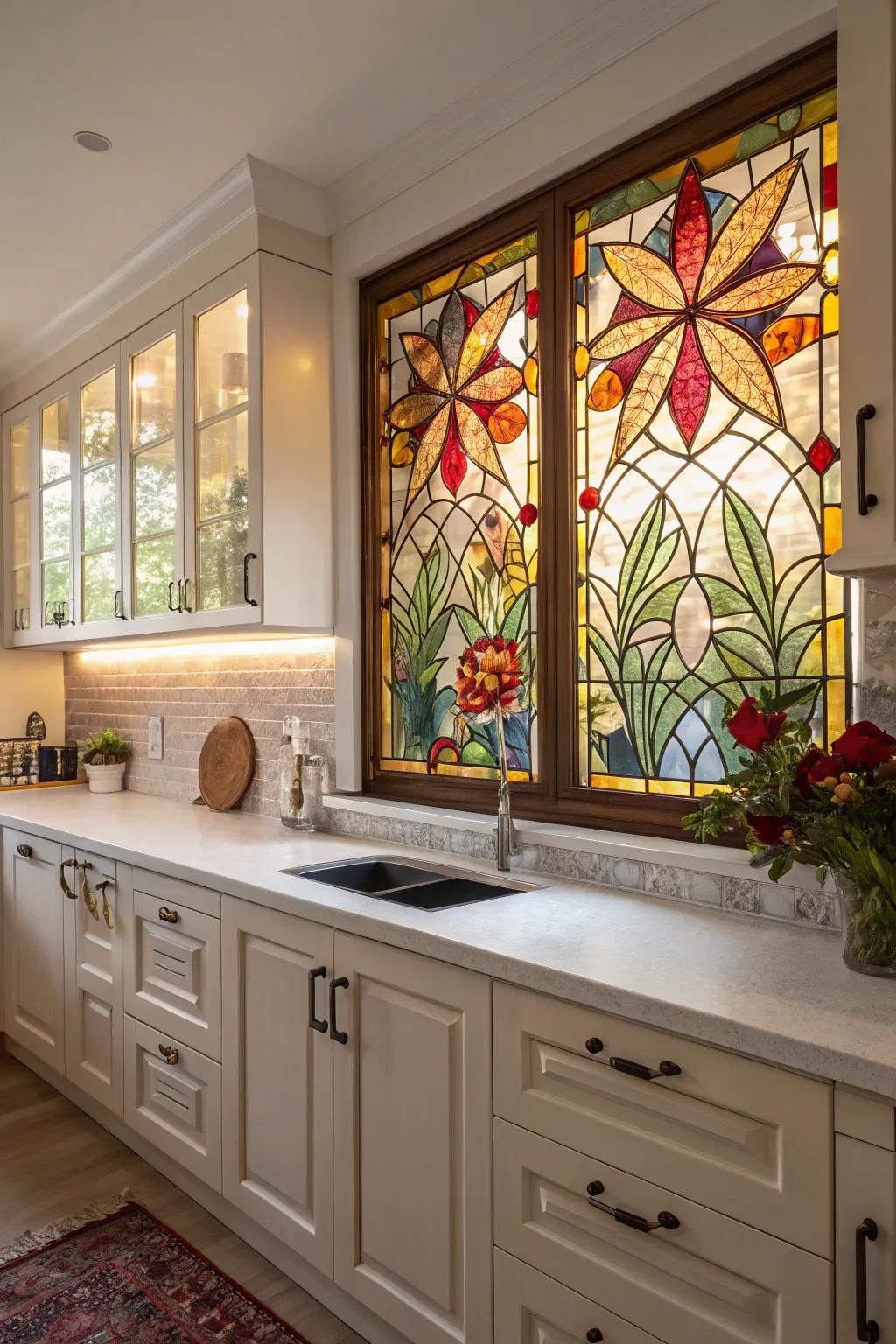 A stained glass backsplash imparts an extraordinary allure to any cooking area.