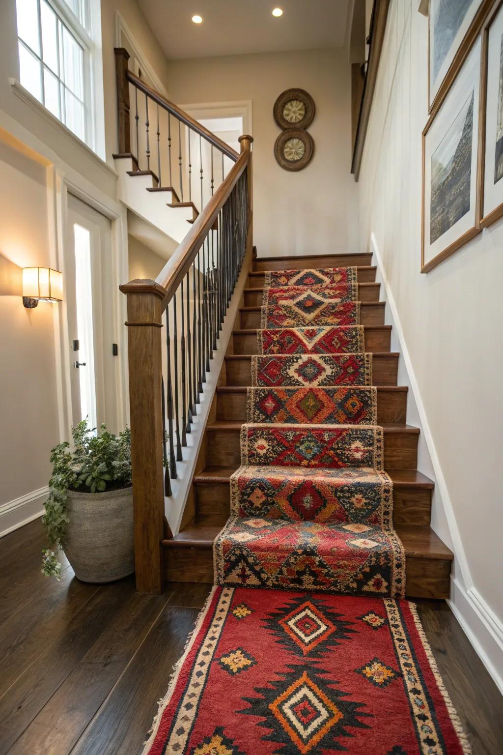 Your stair landing can be made warmer and more inviting by adding a striking rug.