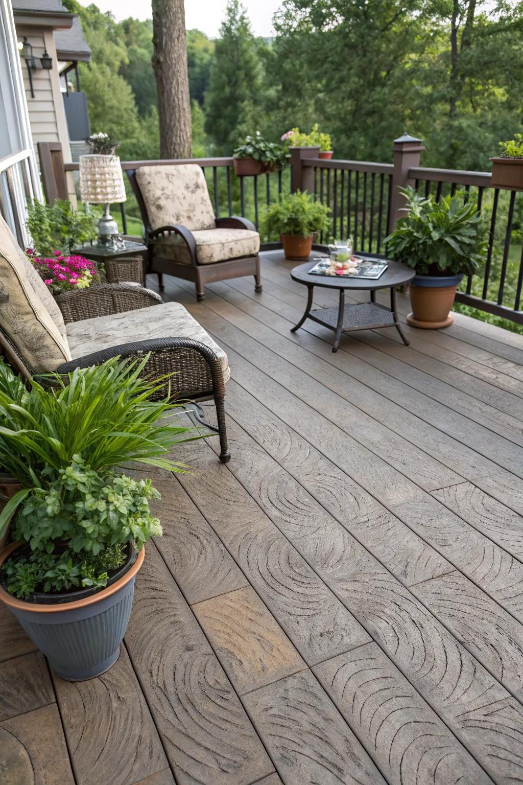 Lumber-patterned concrete offers countryside allure without the trouble.