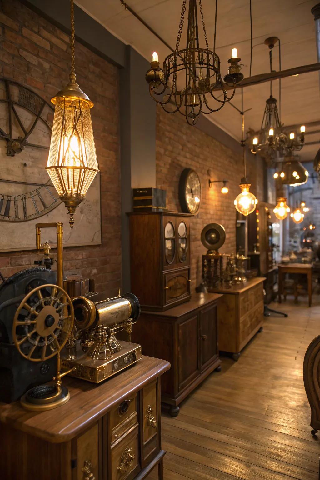Comforting encompassing lighting enhances the welcoming ambiance of the steampunk area.