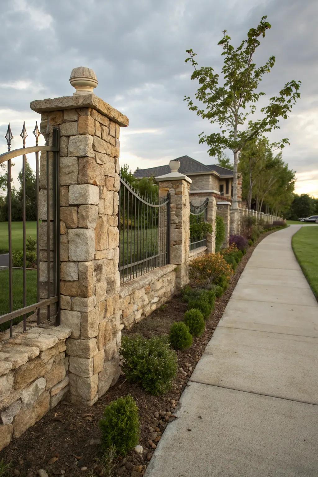 A fence demonstrating the dual functionality of stone, providing both aesthetic appeal and robust support.
