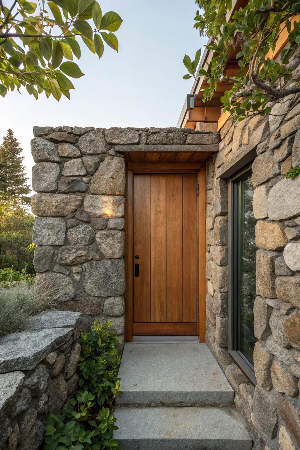 Blending stone with timber creates a vibrant entrance.