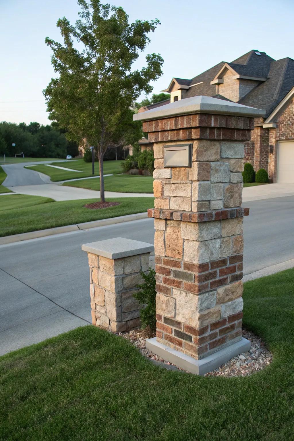 A classic brick mailbox pillar made better with rock overlay.