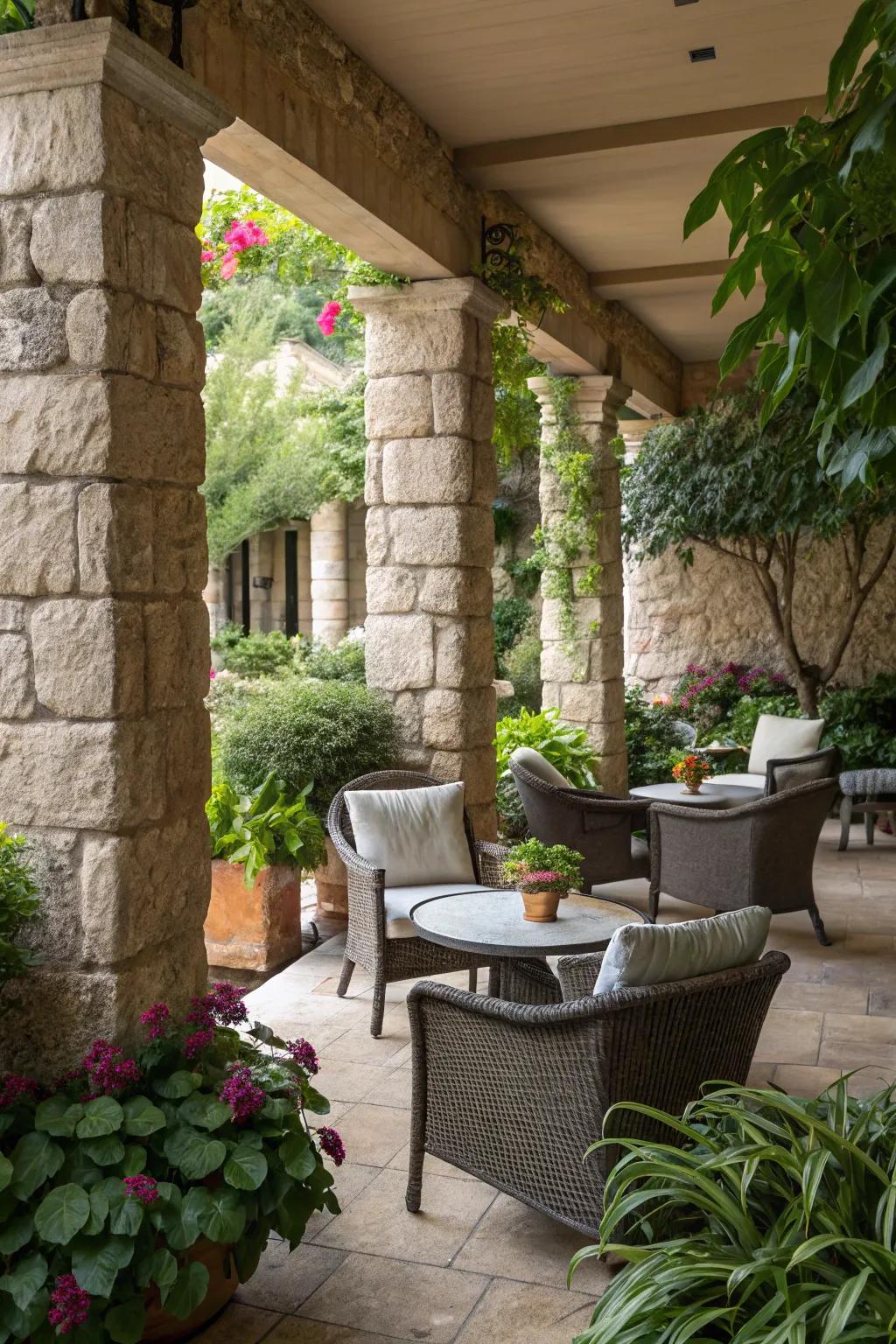 Stone pillars infuse intimacy and charm into your outdoor seating area.