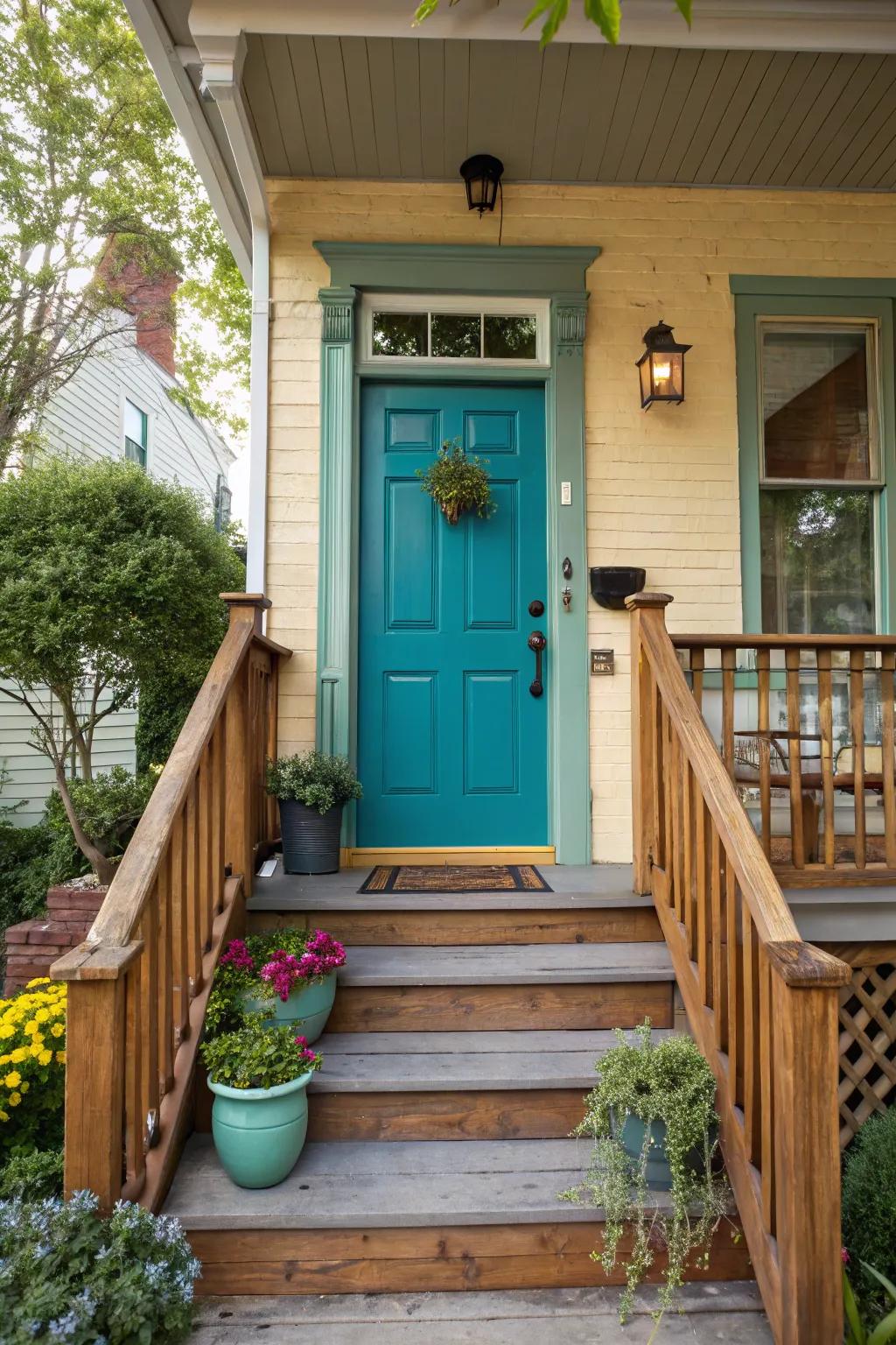 A vibrant teal entrance incorporates a burst of vibrancy and appeal.
