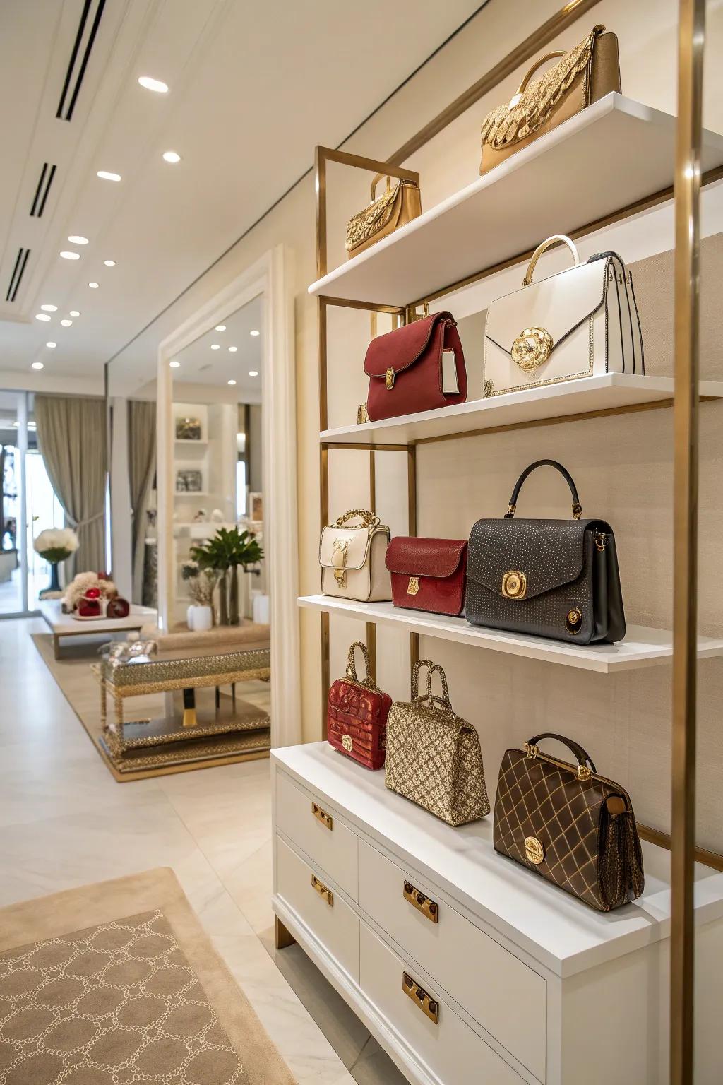 Open concept display of handbags in a room setting.