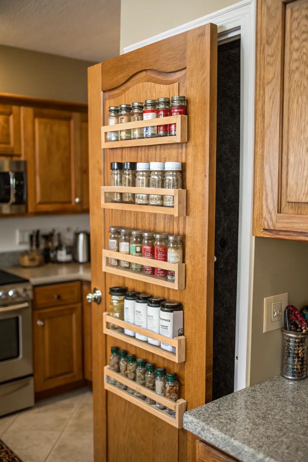 Kitchen door with a mounted spice rack.