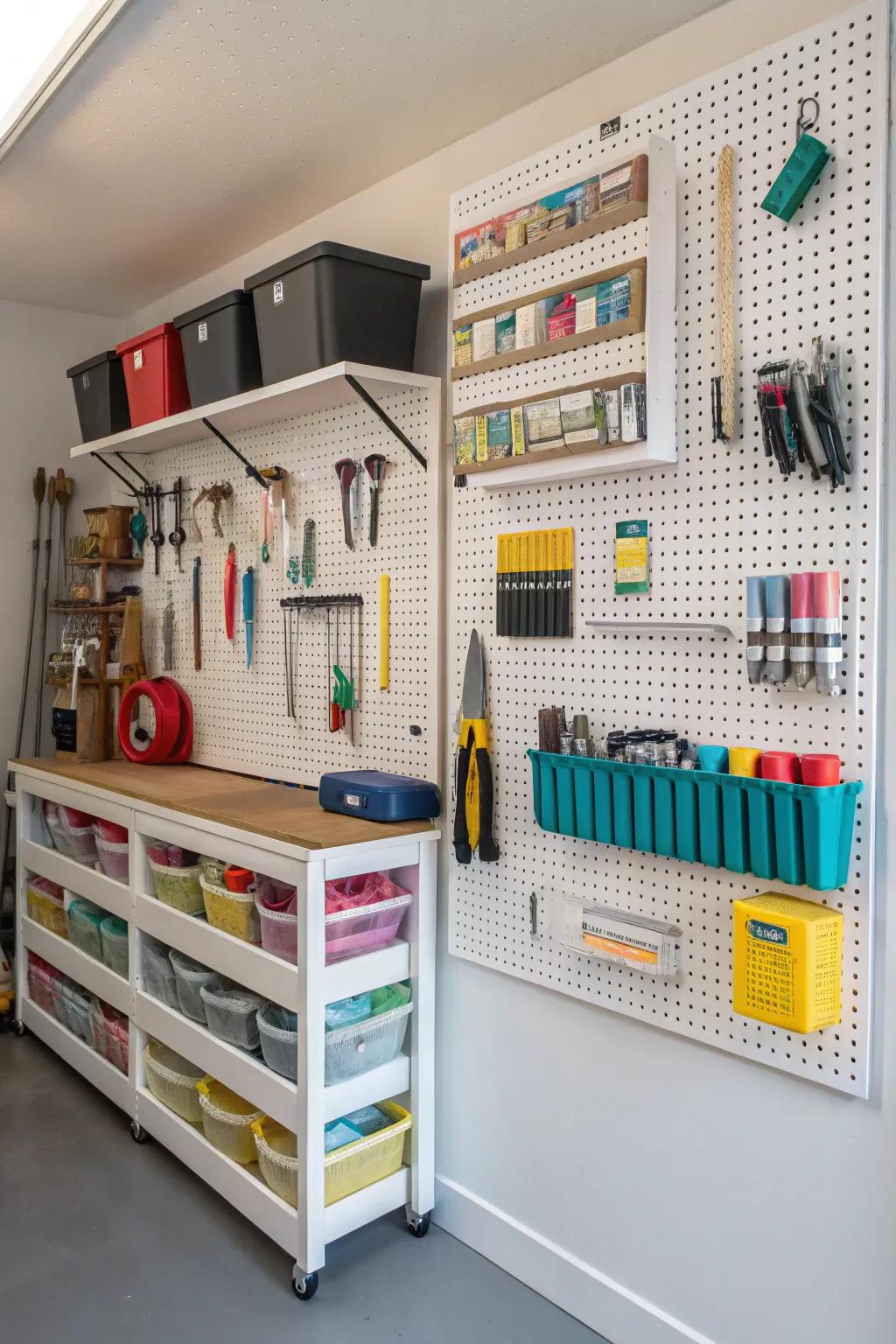 Perforated boards offer customizable storage solutions.