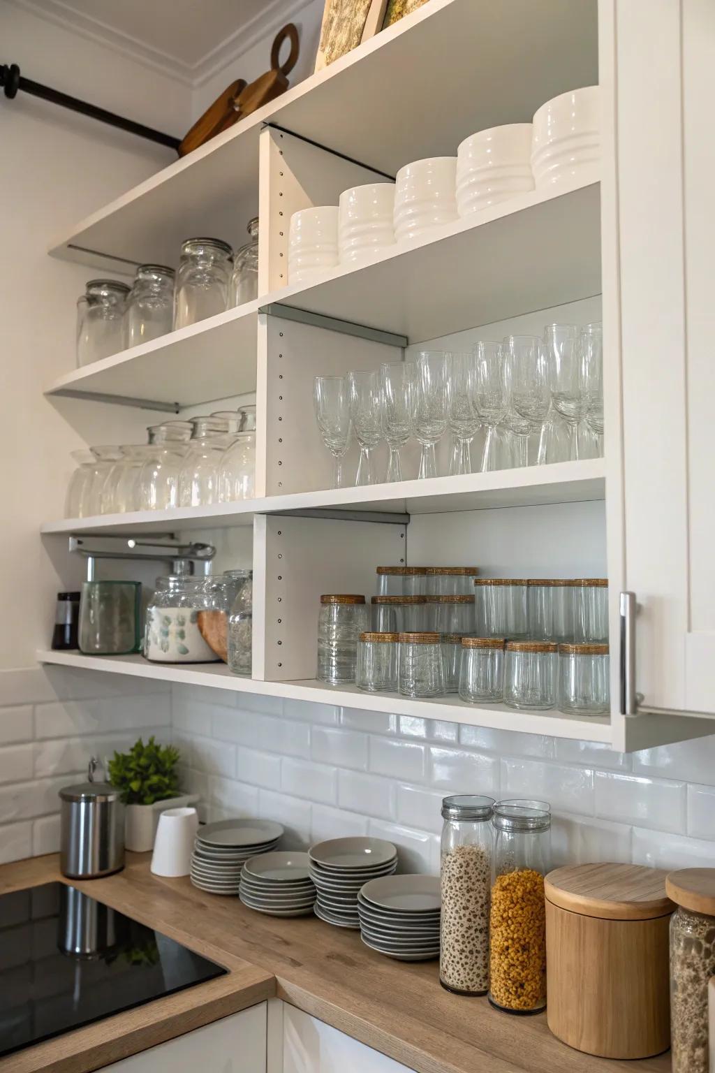 Moveable shelving offers the flexibility to accommodate various glass sizes.
