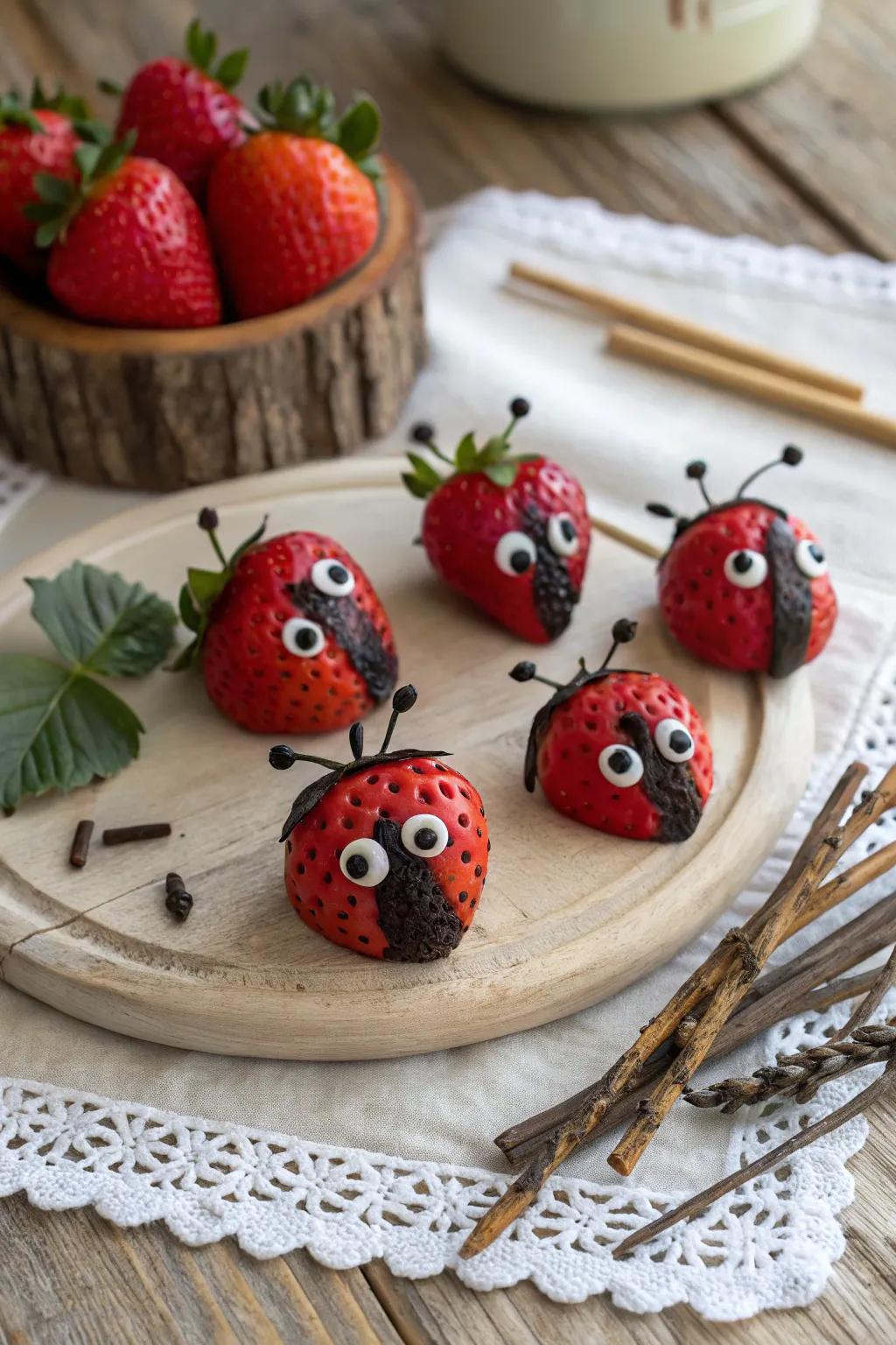Endearing strawberry 'ladybugs' poised to enchant your guests.
