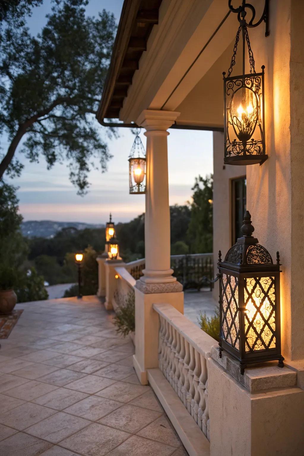 Fashionable lanterns illuminate this stucco porch beautifully.
