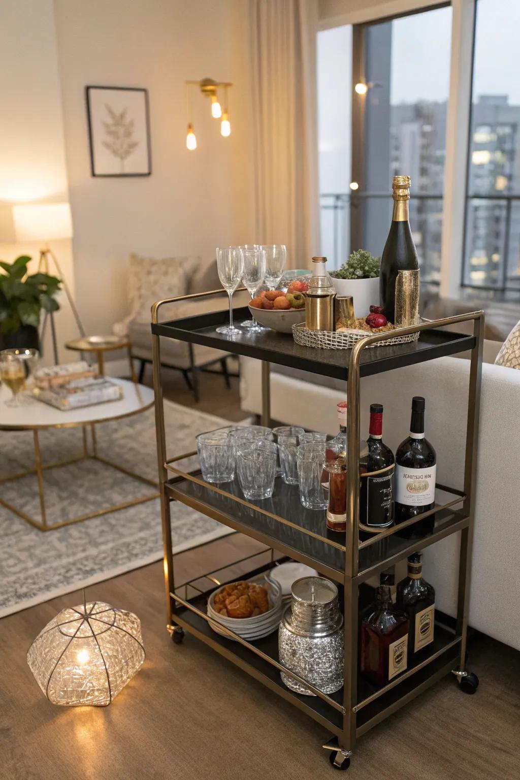 A bar cart adds a bit of class and versatility to your space.
