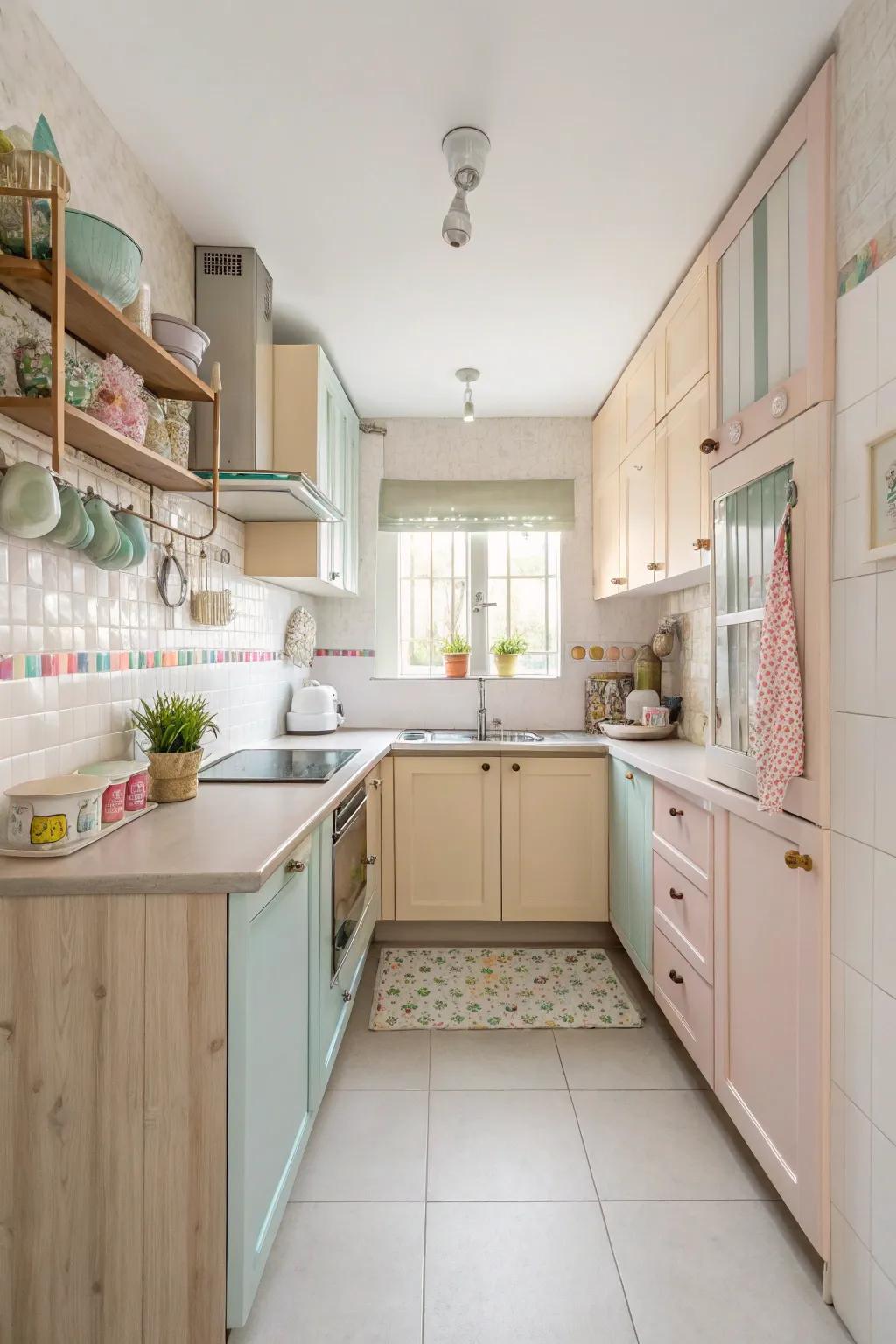 Light shades enhance the sensation of roominess in a studio kitchen.