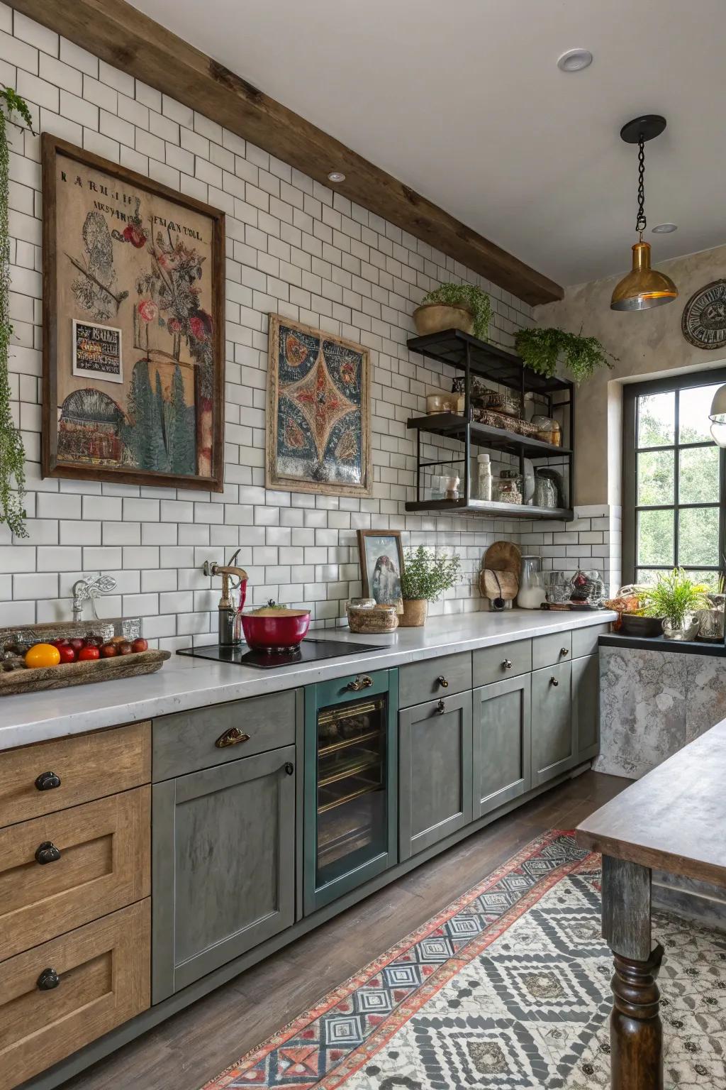 A mix of textures in elongated tiles creates a dynamic and stylish cooking space.