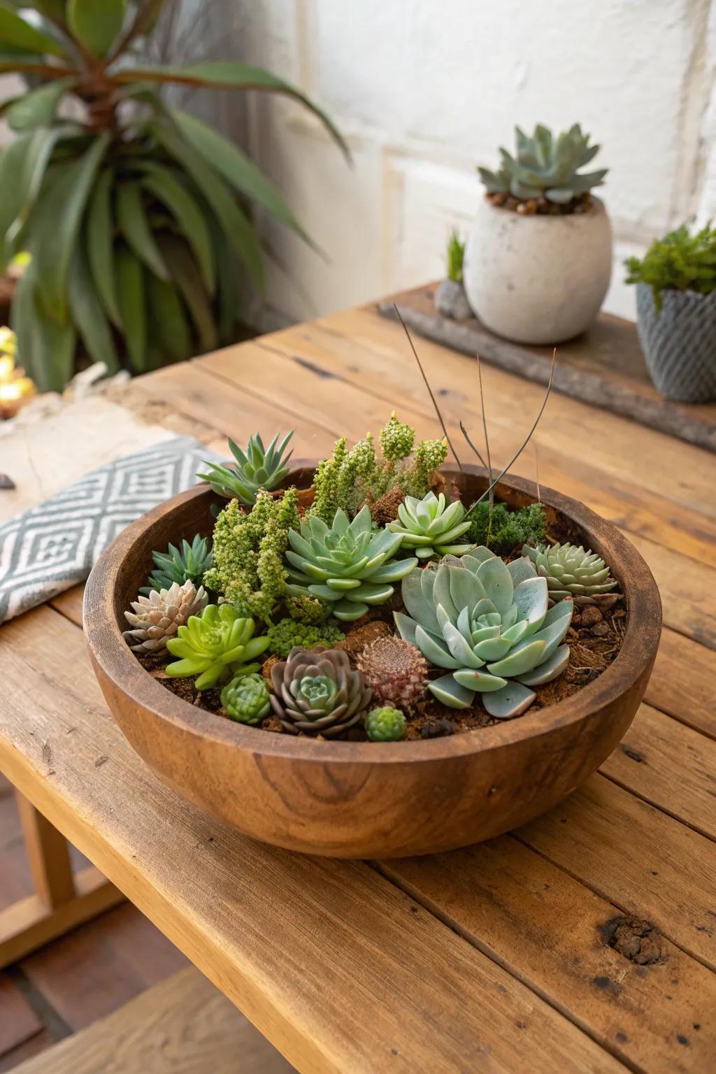 A rustic succulent garden presented in a charming wooden bowl.