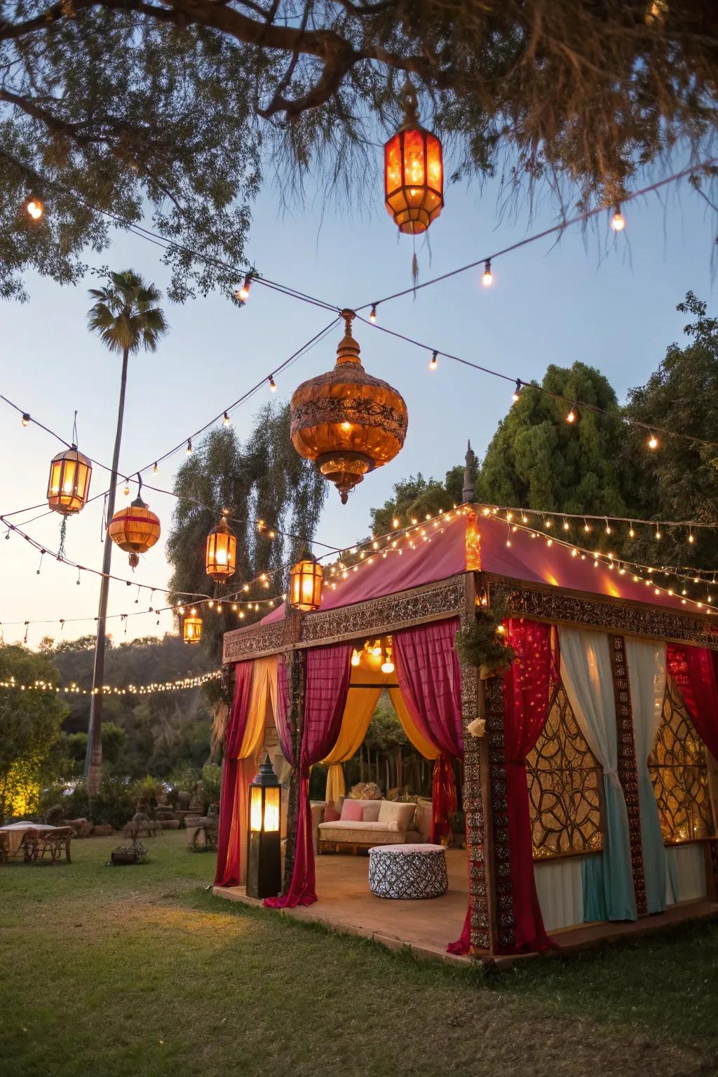 An enchanting sukkah featuring suspended lanterns and lights, casting a warm radiance.