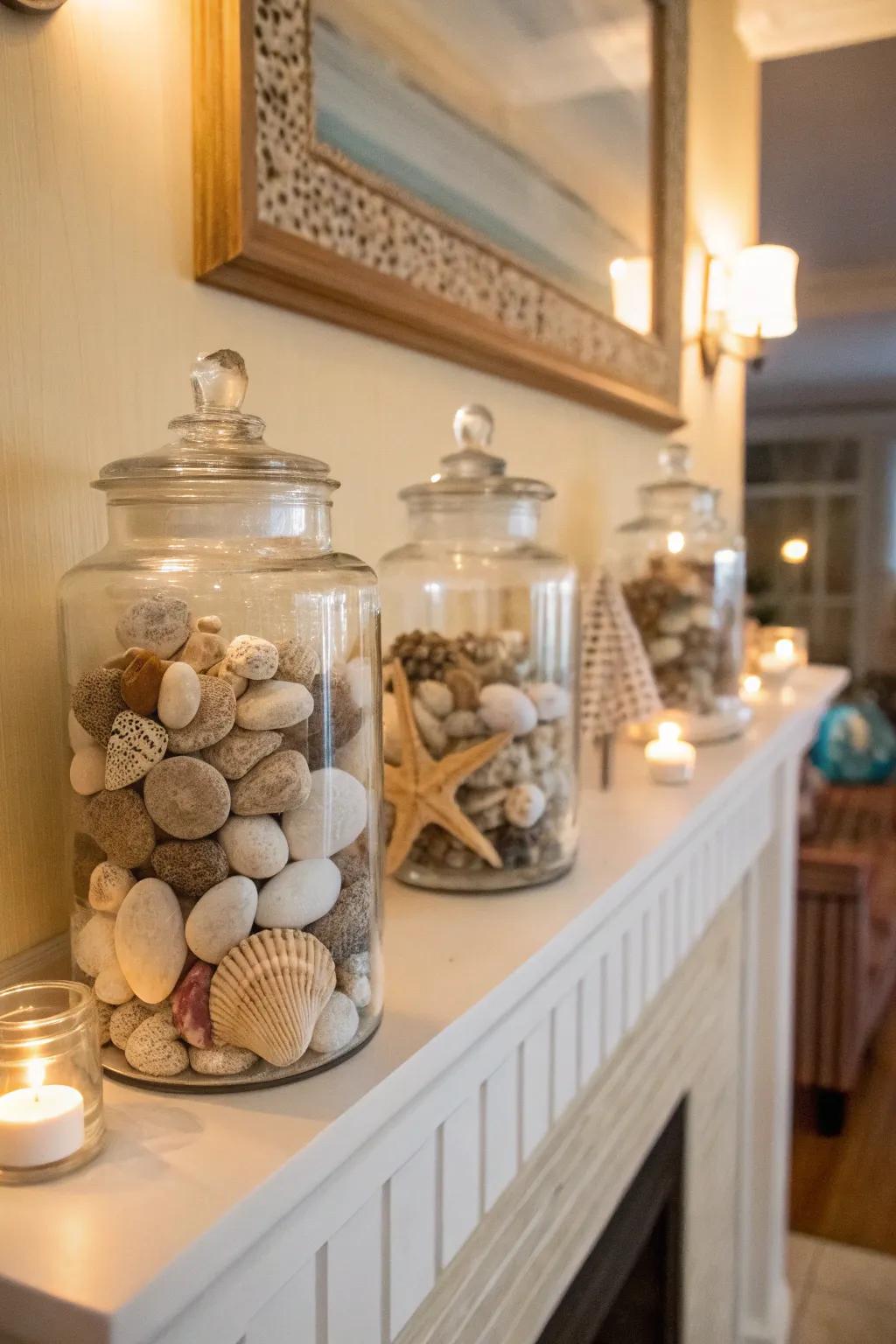 Relaxed refinement through glass containers filled with seashells and pebbles.
