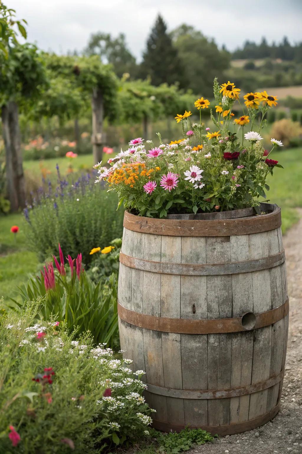 Countryside lumber barrel showcasing meadow flowers