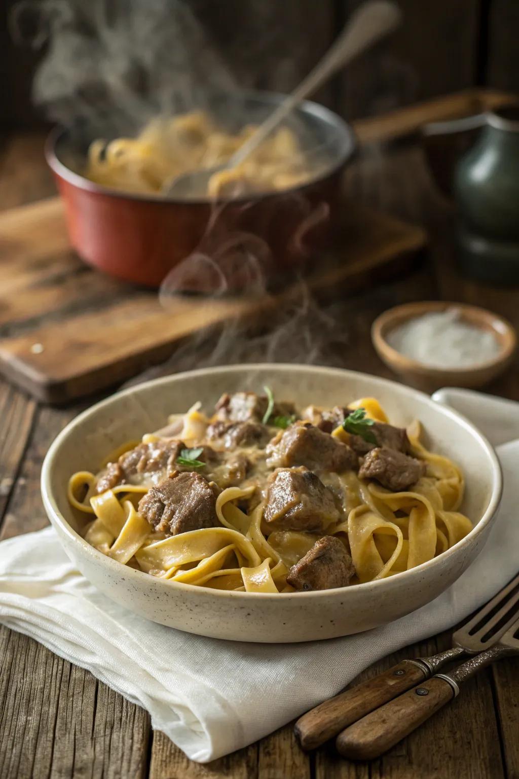 Traditional beef and noodle bake, a nod to traditional comfort food.