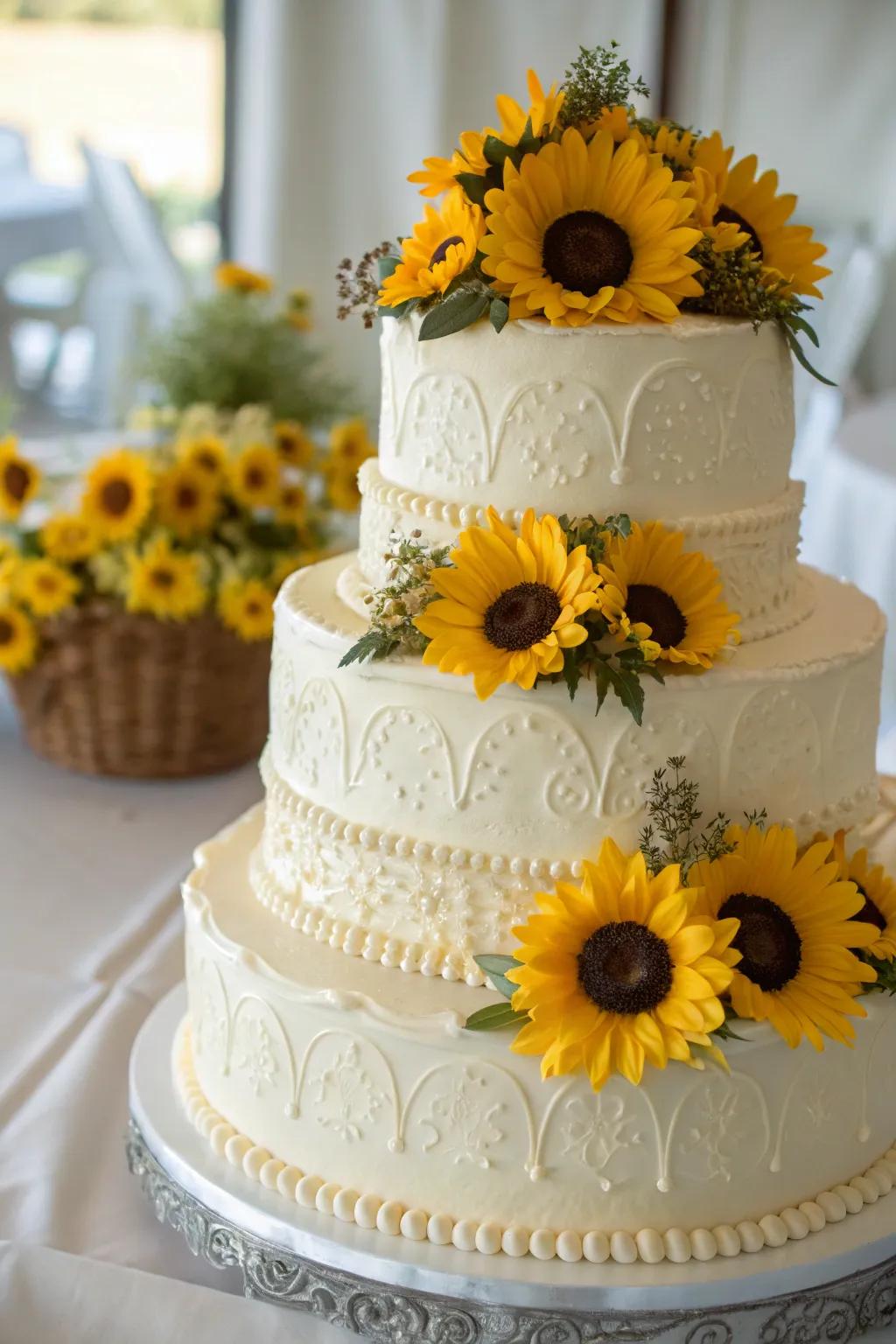A wedding cake adorned with charming sunflower toppers.