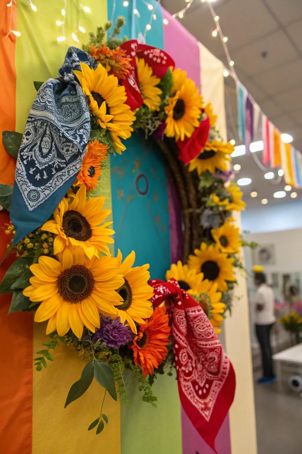 A playful and bright cloth petal sunflower garland.