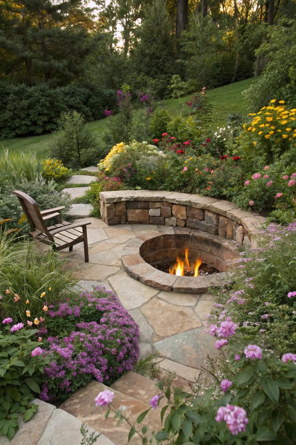 A garden hideaway featuring a recessed fire pit as the central point.