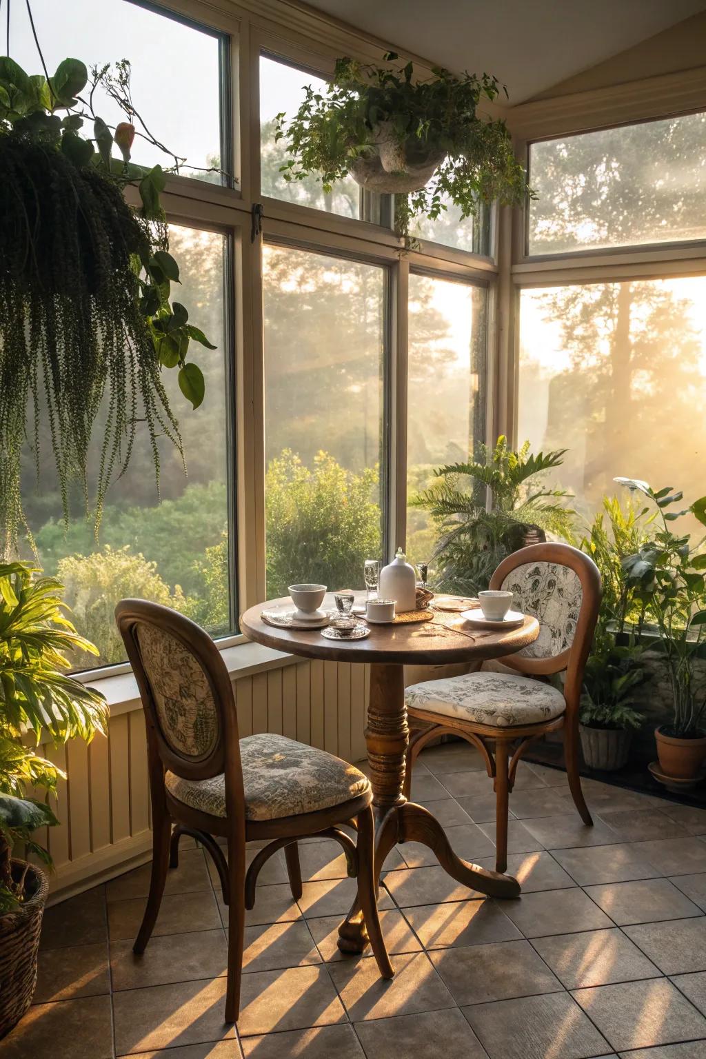 A morning spot transforms the sunroom into an enjoyable morning getaway.