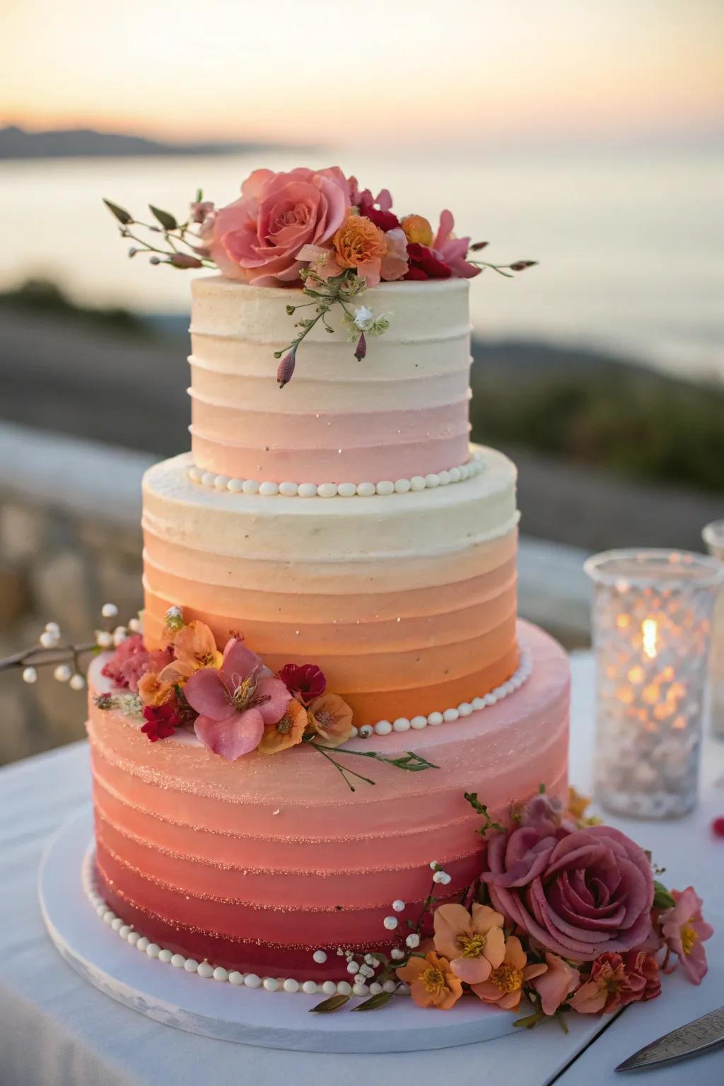 A sunset-themed wedding confection exhibiting ombr&eacute; tiers and edible blossoms.
