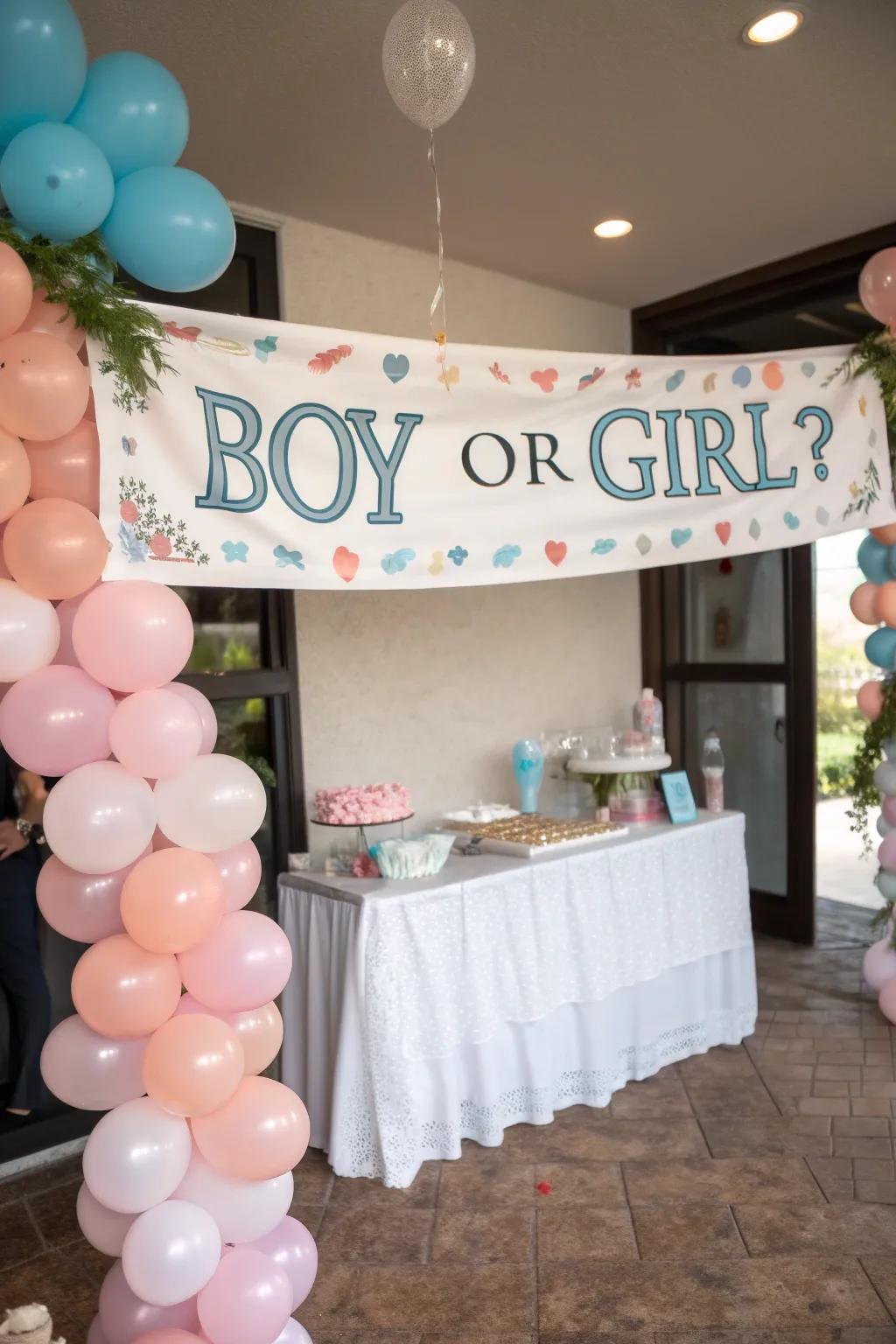 A fun custom banner adds a customized touch to your gender reveal decorations.