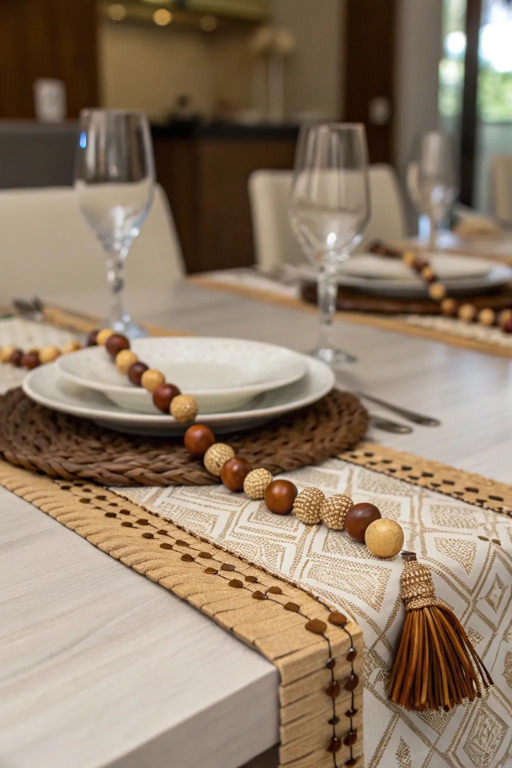 DIY table runner with wooden elements for a handcrafted feel.