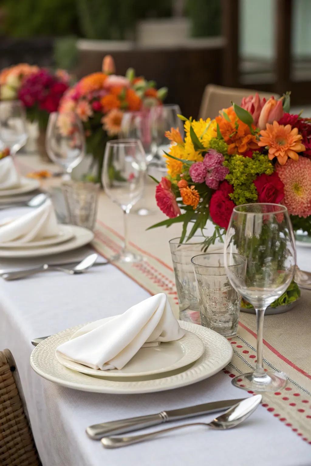 A floral harmony achieved through matching napkins and centerpieces.