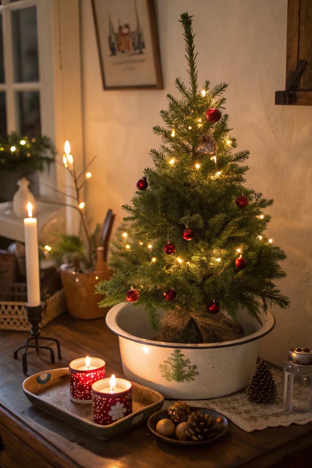 A nostalgic tabletop tree set in a vintage coated metal basin.