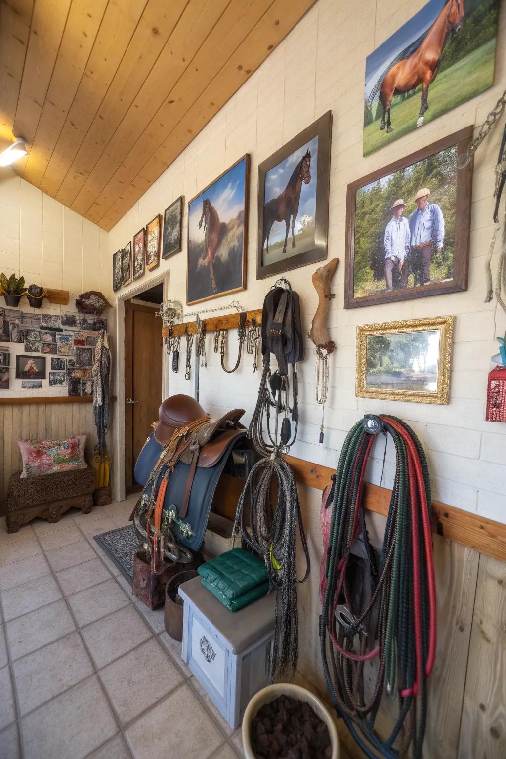 Decorative touches add personality to a tack room.